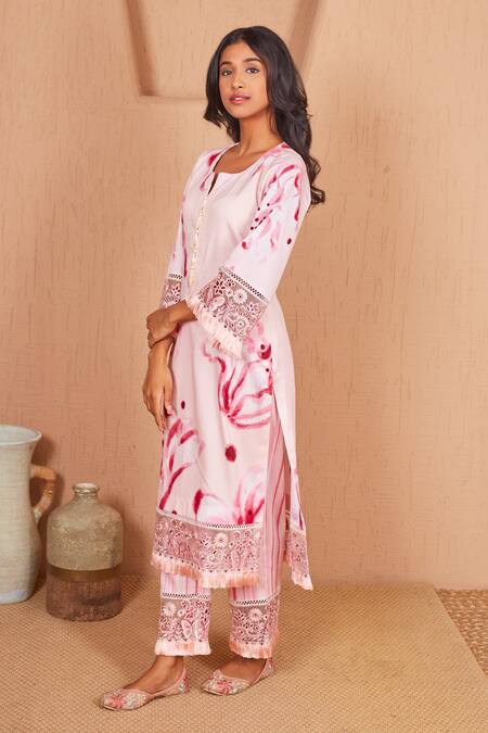 Bhawna Sethi Pink Cotton, Silk Embroidery, Cut Work Rosella Floral Print Kurta With Pant at Aza Fashions Bhawna Sethi_Pink Cotton, Silk Embroidery, Cut Work Rosella Floral Print Kurta With Pant _at_Aza_Fashions