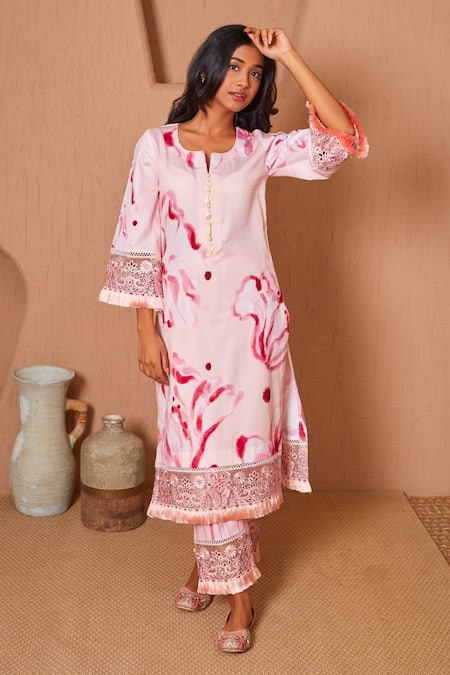 Bhawna Sethi Pink Kurta Pure Cotton Silk Printed Floral Notched Rosella Set With Dupatta 