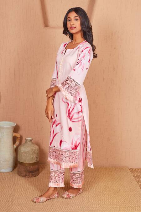 Buy Bhawna Sethi Pink Cotton, Silk, Organza Rosella Floral Print Kurta Set With Dupatta Buy_Bhawna Sethi_Pink Cotton, Silk, Organza Rosella Floral Print Kurta Set With Dupatta
