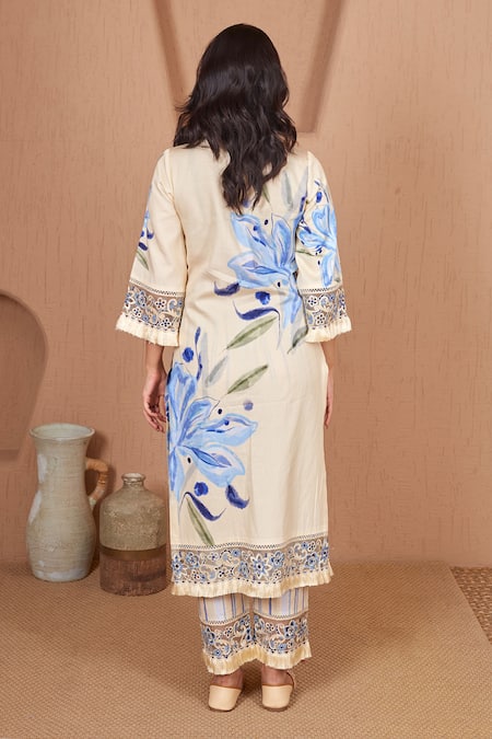 Shop_Bhawna Sethi_Yellow Cotton, Silk Embroidery Round Neck Canary Floral Print Kurta With Pant _at_Aza_Fashions