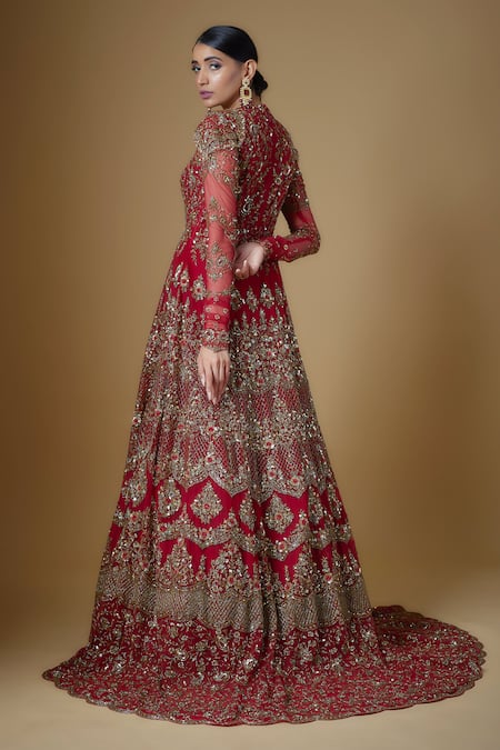 Shop FATIZ Red Tulle Zari, Crystals, Cut Work Round Hand Embroidered Anarkali With Dupatta at Aza Fashions Shop_FATIZ_Red Tulle Zari, Crystals, Cut Work Round Hand Embroidered Anarkali With Dupatta _at_Aza_Fashions