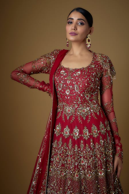 Buy FATIZ Red Tulle Zari, Crystals, Cut Work Round Hand Embroidered Anarkali With Dupatta Online at Aza Fashions Buy_FATIZ_Red Tulle Zari, Crystals, Cut Work Round Hand Embroidered Anarkali With Dupatta _Online_at_Aza_Fashions