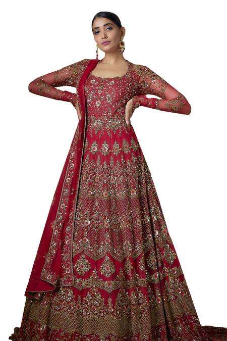 Shop FATIZ Red Tulle Zari, Crystals, Cut Work Round Hand Embroidered Anarkali With Dupatta Online at Aza Fashions Shop_FATIZ_Red Tulle Zari, Crystals, Cut Work Round Hand Embroidered Anarkali With Dupatta _Online_at_Aza_Fashions