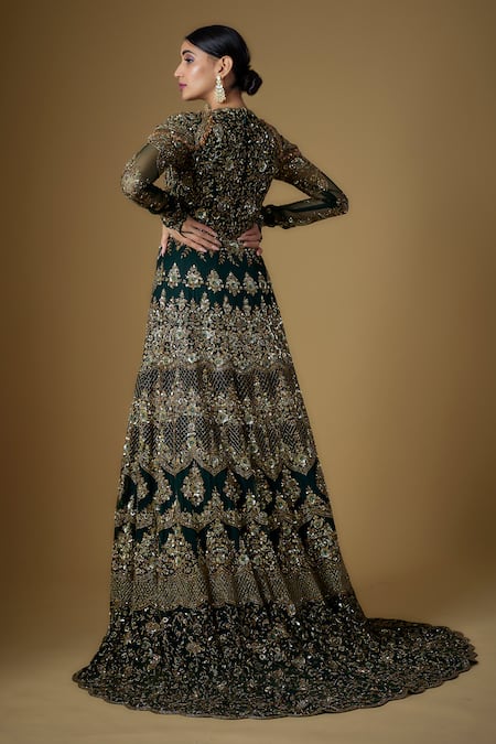 Shop FATIZ Green Tulle Sequins, Zari, Crystals Round Neck Embroidered Anarkali With Dupatta at Aza Fashions Shop_FATIZ_Green Tulle Sequins, Zari, Crystals Round Neck Embroidered Anarkali With Dupatta _at_Aza_Fashions