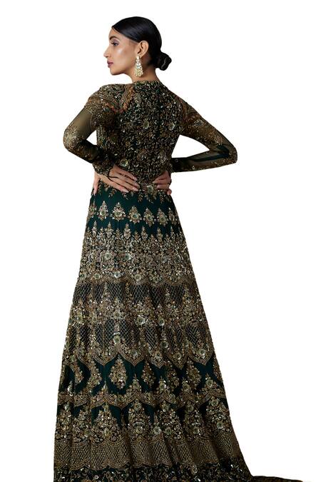 FATIZ Green Tulle Sequins, Zari, Crystals Round Neck Embroidered Anarkali With Dupatta Online at Aza Fashions FATIZ_Green Tulle Sequins, Zari, Crystals Round Neck Embroidered Anarkali With Dupatta _Online_at_Aza_Fashions