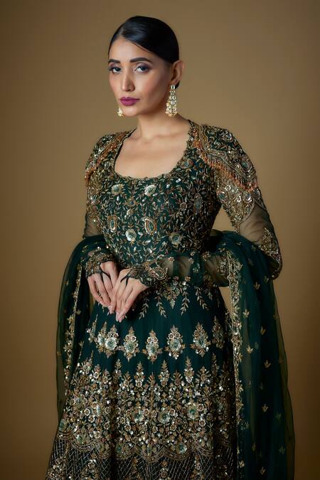 Buy FATIZ Green Tulle Sequins, Zari, Crystals Round Neck Embroidered Anarkali With Dupatta Online at Aza Fashions Buy_FATIZ_Green Tulle Sequins, Zari, Crystals Round Neck Embroidered Anarkali With Dupatta _Online_at_Aza_Fashions