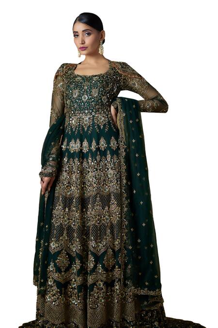 Shop FATIZ Green Tulle Sequins, Zari, Crystals Round Neck Embroidered Anarkali With Dupatta Online at Aza Fashions Shop_FATIZ_Green Tulle Sequins, Zari, Crystals Round Neck Embroidered Anarkali With Dupatta _Online_at_Aza_Fashions