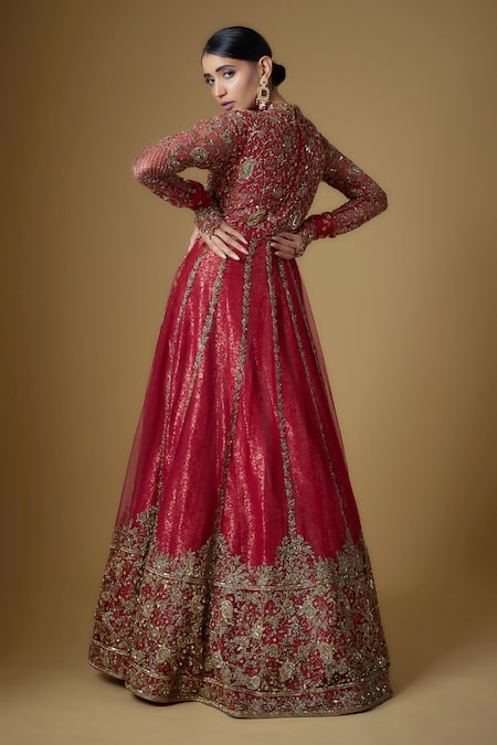 Shop FATIZ Red Tulle Zari, Cut Work, Sequins High Neck Hand Embroidered Gown at Aza Fashions Shop_FATIZ_Red Tulle Zari, Cut Work, Sequins High Neck Hand Embroidered Gown _at_Aza_Fashions