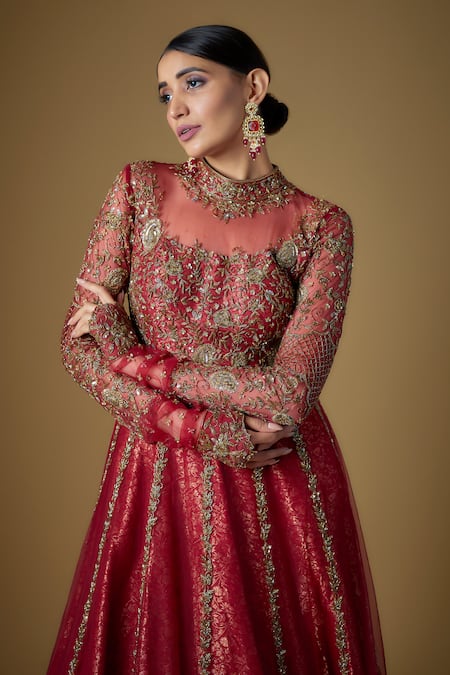 FATIZ Red Tulle Zari, Cut Work, Sequins High Neck Hand Embroidered Gown Online at Aza Fashions FATIZ_Red Tulle Zari, Cut Work, Sequins High Neck Hand Embroidered Gown _Online_at_Aza_Fashions