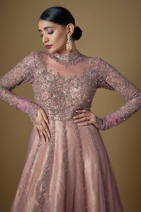 FATIZ_Pink Tulle Zari, Sequins High Neck Embroidered Gown _Online_at_Aza_Fashions