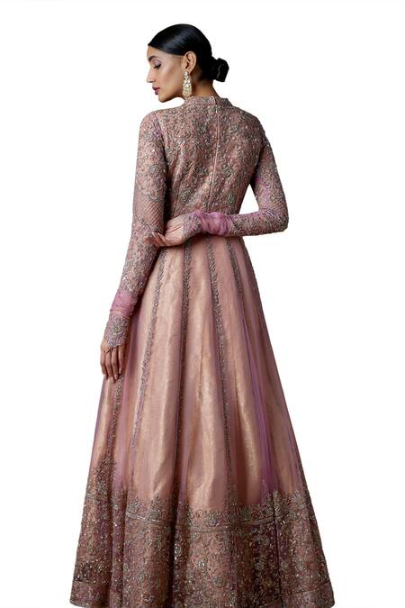 Buy_FATIZ_Pink Tulle Zari, Sequins High Neck Embroidered Gown _Online_at_Aza_Fashions