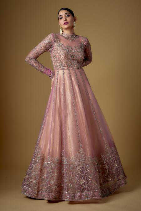 FATIZ_Pink Tulle Zari, Sequins High Neck Embroidered Gown _at_Aza_Fashions