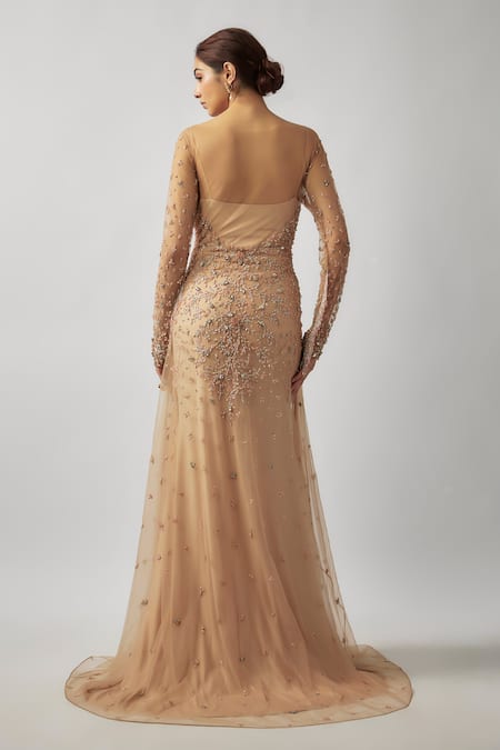 Shop FATIZ Gold Tulle, Lycra Embroidery, Beads Round Neck Hand Fish-cut Gown With Inner at Aza Fashions Shop_FATIZ_Gold Tulle, Lycra Embroidery, Beads Round Neck Hand Fish-cut Gown With Inner _at_Aza_Fashions