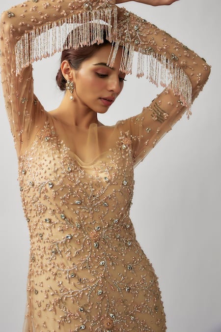 FATIZ Gold Tulle, Lycra Embroidery, Beads Round Neck Hand Fish-cut Gown With Inner Online at Aza Fashions FATIZ_Gold Tulle, Lycra Embroidery, Beads Round Neck Hand Fish-cut Gown With Inner _Online_at_Aza_Fashions