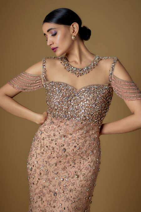 Fatiz_Rose Gold Tulle, Lycra Crystals, Beads Round Neck Hand Embroidered Fish-cut Gown _Online_at_Aza_Fashions
