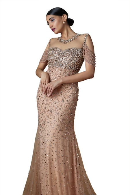 Shop_Fatiz_Rose Gold Tulle, Lycra Crystals, Beads Round Neck Hand Embroidered Fish-cut Gown _Online_at_Aza_Fashions