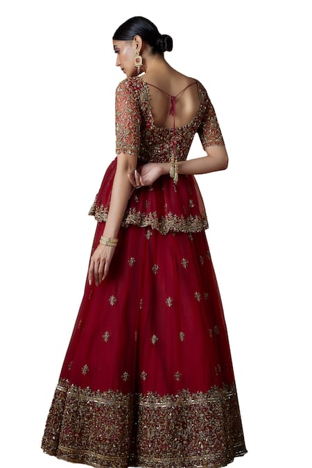 FATIZ Red Tulle Cut Work, Crystals, Zari, Hand Embroidered Peplum Blouse Lehenga Set Online at Aza Fashions FATIZ_Red Tulle Cut Work, Crystals, Zari, Hand Embroidered Peplum Blouse Lehenga Set _Online_at_Aza_Fashions