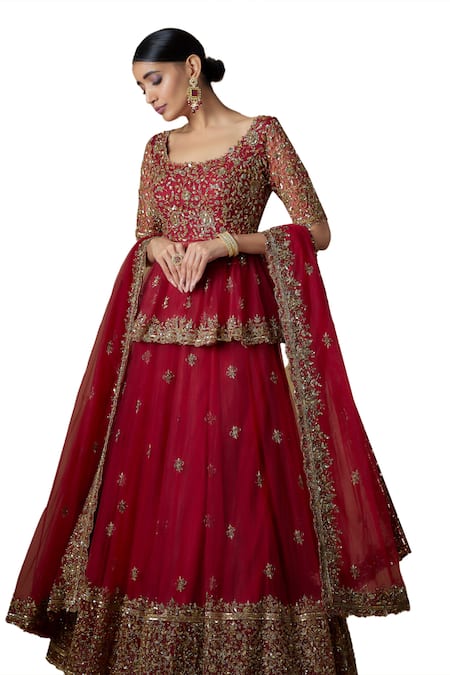 Shop FATIZ Red Tulle Cut Work, Crystals, Zari, Hand Embroidered Peplum Blouse Lehenga Set Online at Aza Fashions Shop_FATIZ_Red Tulle Cut Work, Crystals, Zari, Hand Embroidered Peplum Blouse Lehenga Set _Online_at_Aza_Fashions