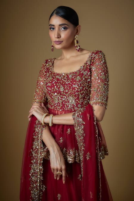 FATIZ Red Tulle Cut Work, Crystals, Zari, Hand Embroidered Peplum Blouse Lehenga Set at Aza Fashions FATIZ_Red Tulle Cut Work, Crystals, Zari, Hand Embroidered Peplum Blouse Lehenga Set _at_Aza_Fashions