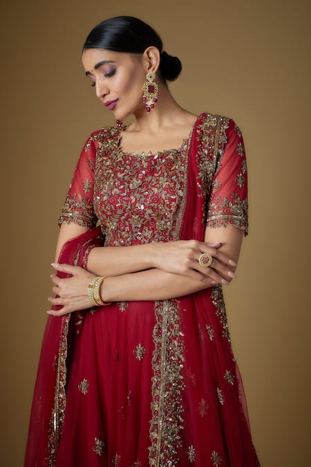 FATIZ Red Tulle Cut Work, Sequins, Zari Round Neck Hand Embroidered Blouse Lehenga Set Online at Aza Fashions FATIZ_Red Tulle Cut Work, Sequins, Zari Round Neck Hand Embroidered Blouse Lehenga Set _Online_at_Aza_Fashions