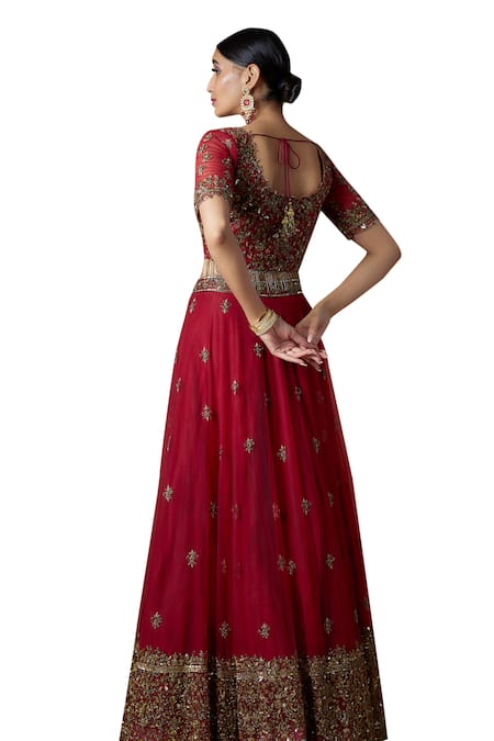 Buy FATIZ Red Tulle Cut Work, Sequins, Zari Round Neck Hand Embroidered Blouse Lehenga Set Online at Aza Fashions Buy_FATIZ_Red Tulle Cut Work, Sequins, Zari Round Neck Hand Embroidered Blouse Lehenga Set _Online_at_Aza_Fashions
