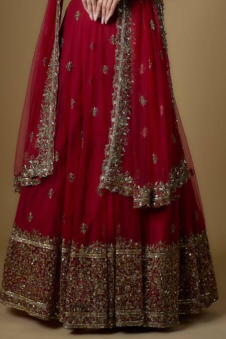 Shop FATIZ Red Tulle Cut Work, Sequins, Zari Round Neck Hand Embroidered Blouse Lehenga Set Online at Aza Fashions Shop_FATIZ_Red Tulle Cut Work, Sequins, Zari Round Neck Hand Embroidered Blouse Lehenga Set _Online_at_Aza_Fashions