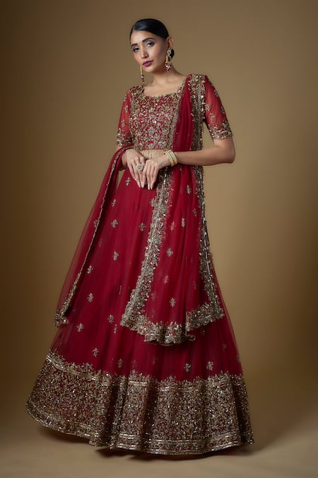 FATIZ Red Tulle Cut Work, Sequins, Zari Round Neck Hand Embroidered Blouse Lehenga Set at Aza Fashions FATIZ_Red Tulle Cut Work, Sequins, Zari Round Neck Hand Embroidered Blouse Lehenga Set _at_Aza_Fashions