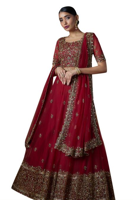 Buy FATIZ Red Tulle Cut Work, Sequins, Zari Round Neck Hand Embroidered Blouse Lehenga Set Buy_FATIZ_Red Tulle Cut Work, Sequins, Zari Round Neck Hand Embroidered Blouse Lehenga Set