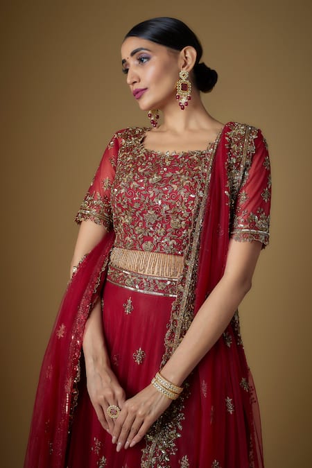 Shop FATIZ Red Tulle Cut Work, Sequins, Zari Round Neck Hand Embroidered Blouse Lehenga Set Shop_FATIZ_Red Tulle Cut Work, Sequins, Zari Round Neck Hand Embroidered Blouse Lehenga Set