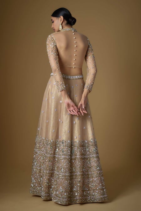 Shop FATIZ Gold Tulle Cut Work, Sequins, Zari High Neck Embroidered Blouse Lehenga Set at Aza Fashions Shop_FATIZ_Gold Tulle Cut Work, Sequins, Zari High Neck Embroidered Blouse Lehenga Set _at_Aza_Fashions