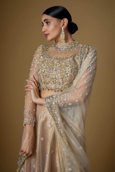 FATIZ Gold Tulle Cut Work, Sequins, Zari High Neck Embroidered Blouse Lehenga Set Online at Aza Fashions FATIZ_Gold Tulle Cut Work, Sequins, Zari High Neck Embroidered Blouse Lehenga Set _Online_at_Aza_Fashions