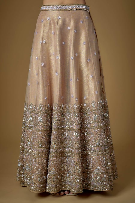 Shop FATIZ Gold Tulle Cut Work, Sequins, Zari High Neck Embroidered Blouse Lehenga Set Online at Aza Fashions Shop_FATIZ_Gold Tulle Cut Work, Sequins, Zari High Neck Embroidered Blouse Lehenga Set _Online_at_Aza_Fashions