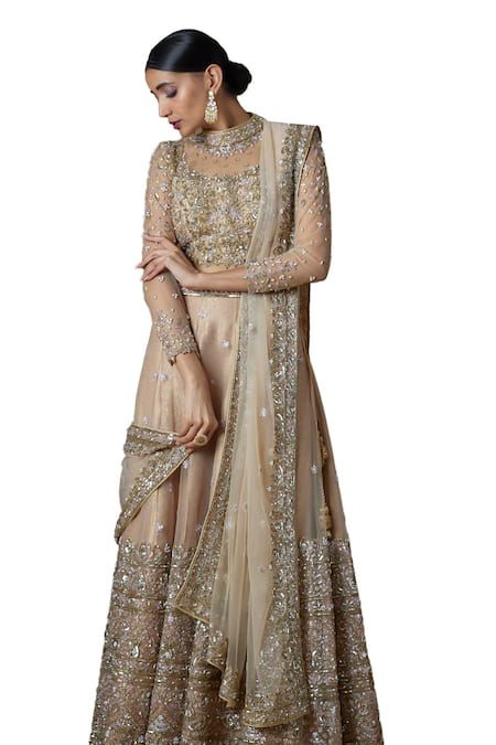 Buy FATIZ Gold Tulle Cut Work, Sequins, Zari High Neck Embroidered Blouse Lehenga Set Buy_FATIZ_Gold Tulle Cut Work, Sequins, Zari High Neck Embroidered Blouse Lehenga Set
