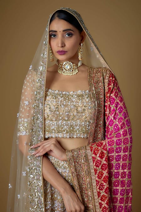 FATIZ_Gold Tulle Cut Work, Sequins, Zari Square Neck Hand Embroidered Lehenga Set _Online_at_Aza_Fashions