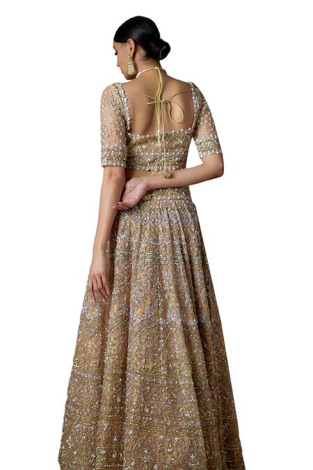 Shop_FATIZ_Gold Tulle Cut Work, Sequins, Zari Square Neck Hand Embroidered Lehenga Set _Online_at_Aza_Fashions