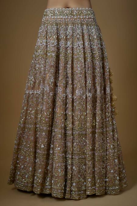 FATIZ_Gold Tulle Cut Work, Sequins, Zari Square Neck Hand Embroidered Lehenga Set _at_Aza_Fashions