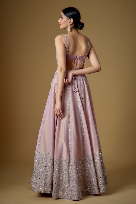 FATIZ_Pink Tissue, Georgette, Tulle Cut Work, Hand Embroidered Jacket Lehenga Set _Online_at_Aza_Fashions