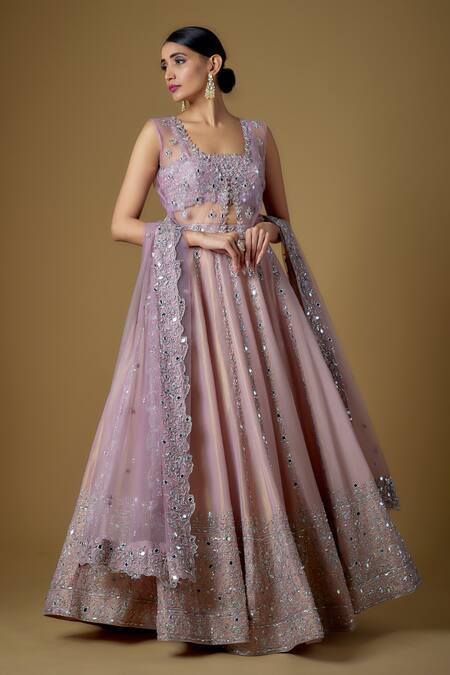 Buy_FATIZ_Pink Tissue, Georgette, Tulle Cut Work, Hand Embroidered Jacket Lehenga Set _Online_at_Aza_Fashions