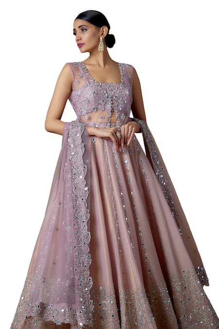 Shop_FATIZ_Pink Tissue, Georgette, Tulle Cut Work, Hand Embroidered Jacket Lehenga Set _Online_at_Aza_Fashions