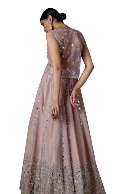 Shop_FATIZ_Pink Tissue, Georgette, Tulle Cut Work, Hand Embroidered Jacket Lehenga Set 