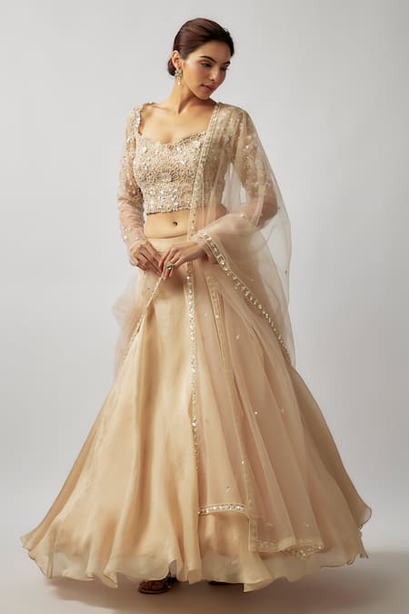 FATIZ Gold Lehenga And Blouse Silk Organza Hand Embroidered Cutdana Sequins Set 