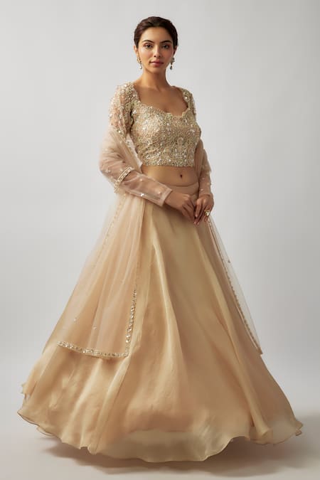 FATIZ_Gold Silk Organza, Tulle Cut Work, Sequins Hand Embroidered Blouse Lehenga Set_Online_at_Aza_Fashions
