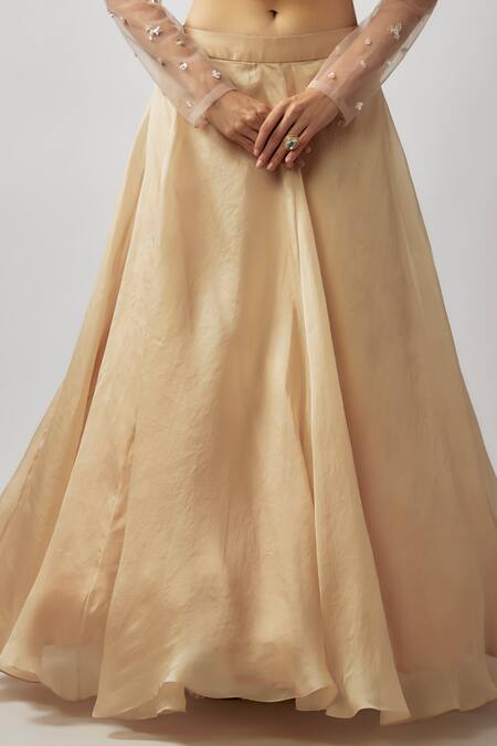 Buy_FATIZ_Gold Silk Organza, Tulle Cut Work, Sequins Hand Embroidered Blouse Lehenga Set_Online_at_Aza_Fashions