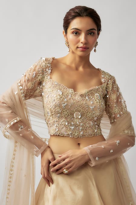 Shop_FATIZ_Gold Silk Organza, Tulle Cut Work, Sequins Hand Embroidered Blouse Lehenga Set_Online_at_Aza_Fashions