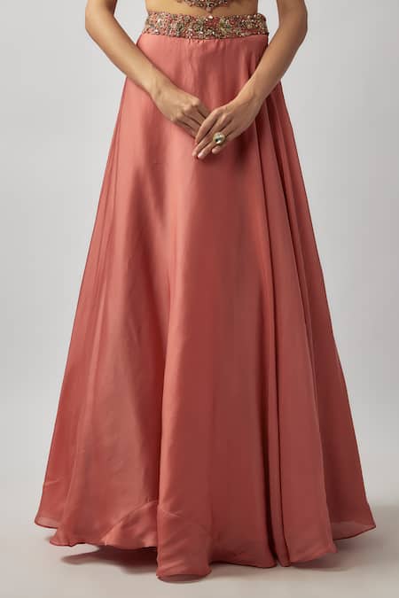 FATIZ_Pink Silk Organza, Tulle Sequins, Cutdana Hand Embroidered Blouse Lehenga Set _Online_at_Aza_Fashions