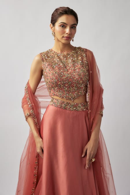 Buy_FATIZ_Pink Silk Organza, Tulle Sequins, Cutdana Hand Embroidered Blouse Lehenga Set _Online_at_Aza_Fashions