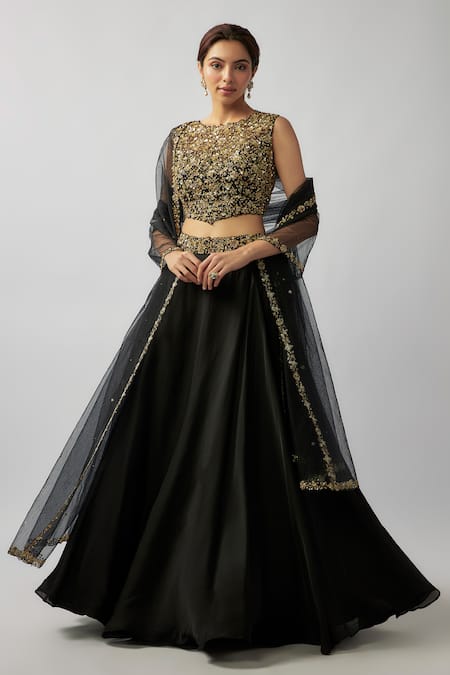 Buy FATIZ Black Silk Organza, Tulle Crystals, Zardosi Hand Embroidered Blouse Lehenga Set Online at Aza Fashions Buy_FATIZ_Black Silk Organza, Tulle Crystals, Zardosi Hand Embroidered Blouse Lehenga Set _Online_at_Aza_Fashions