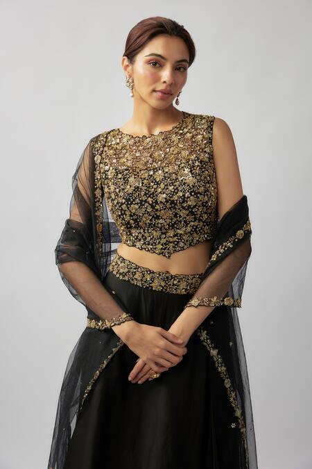 Shop FATIZ Black Silk Organza, Tulle Crystals, Zardosi Hand Embroidered Blouse Lehenga Set Online at Aza Fashions Shop_FATIZ_Black Silk Organza, Tulle Crystals, Zardosi Hand Embroidered Blouse Lehenga Set _Online_at_Aza_Fashions