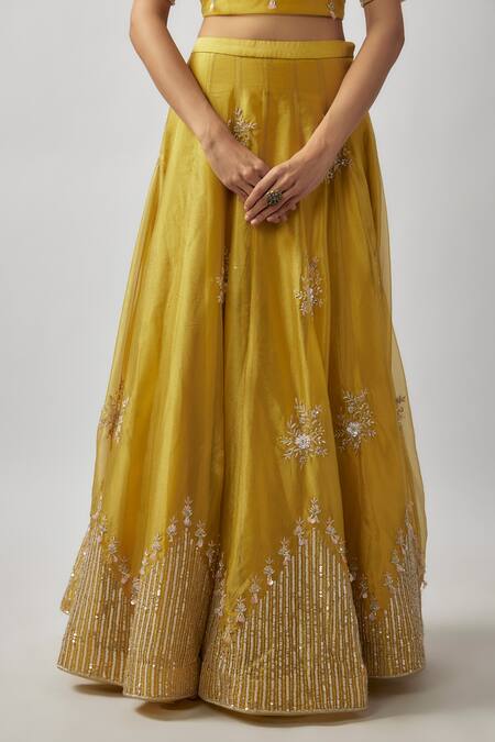 FATIZ Yellow Tissue, Georgette, Tulle Cut Work, Hand Embroidered Blouse Lehenga Set Online at Aza Fashions FATIZ_Yellow Tissue, Georgette, Tulle Cut Work, Hand Embroidered Blouse Lehenga Set _Online_at_Aza_Fashions