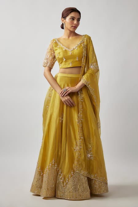 Buy FATIZ Yellow Tissue, Georgette, Tulle Cut Work, Hand Embroidered Blouse Lehenga Set Online at Aza Fashions Buy_FATIZ_Yellow Tissue, Georgette, Tulle Cut Work, Hand Embroidered Blouse Lehenga Set _Online_at_Aza_Fashions